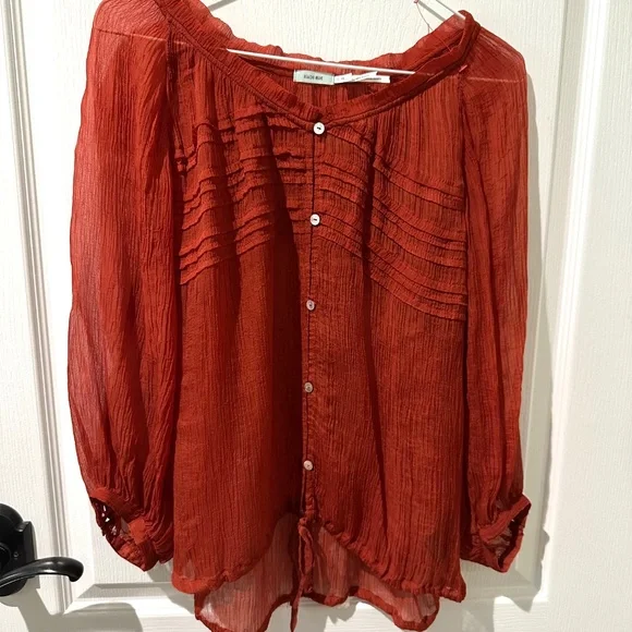 Anthropologie Kimchi Blue Red Rust Semisheer Gauze Top - Picture 2 of 9